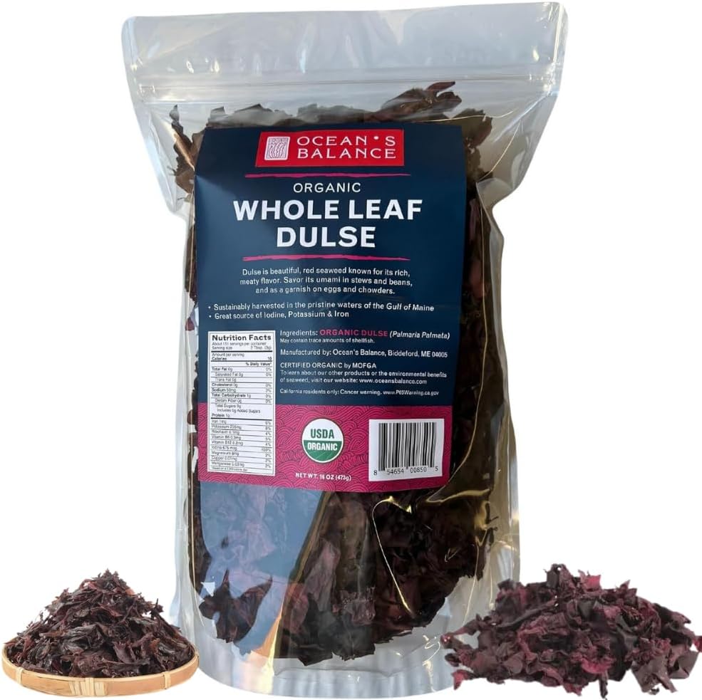 Ocean’s Balance Organic Dulse Whole Leaf – Atlantic Seaweed Snack & Cooking Ingredient,Soup Topping Seaweed,Seaweed For Ramen&Salad – Iron & B12 – Vegan, Paleo, Gluten-Free – 1 lb Bag