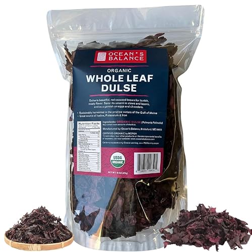 Ocean's Balance Organic Dulse Whole Leaf  Aperitivo de algas del Atlántico e ingrediente de cocina, algas marinas para sopa, algas marinas para