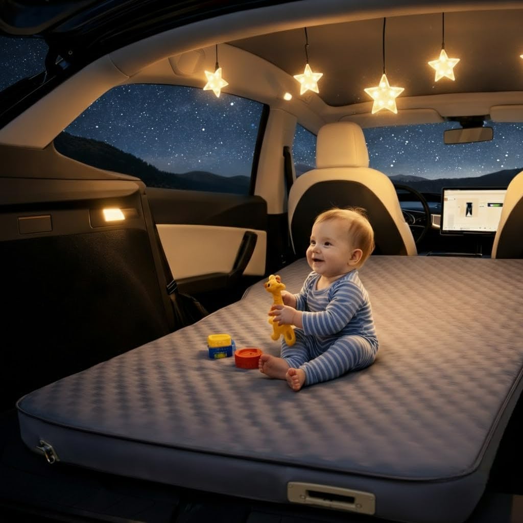 BELZAR Tesla Model Y Mattress with Built-in Cordless Pump, 4" Thick Full Size Memory Foam, Self Inflating Sleeping Pad for Camping, SUV Air Mattress and Road Trips