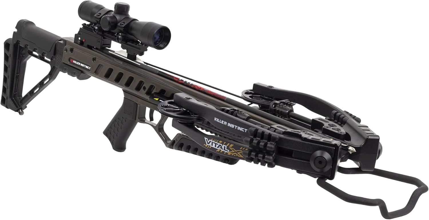 Killer Instinct Vital-X 31.5-Inch Ultra-Narrow Rest, 405 FPS, Easy-to-Cock Crossbow with Patented, Fully Synchronized X Cam, Rope Cocker, Quiver, and Rail Lube