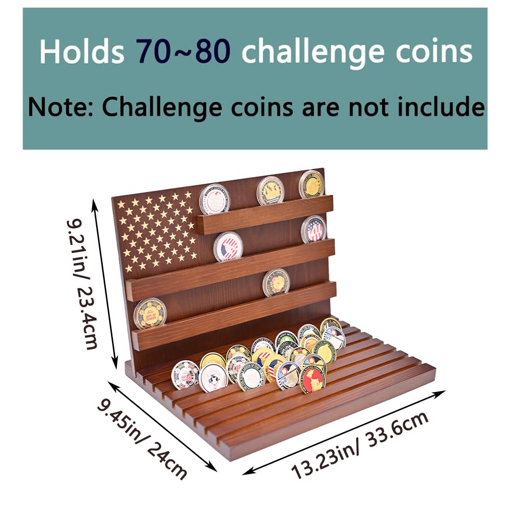 Suwyaner Challenge Coin Display Holder, 11 Rows Military Challenge Coin Display Stand Holder American Flag Wooden Rack Case with Removable Board Rows