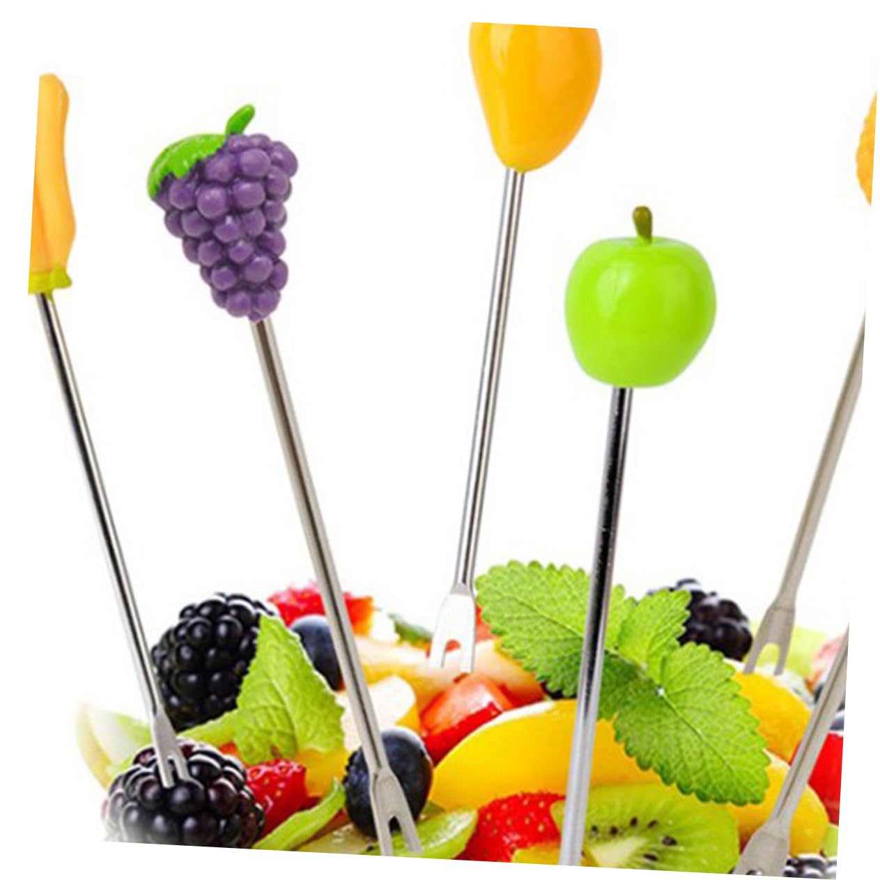 NAMOARLY 6Pcs Cartoon Fruit Forks with Barrel Holder Stainless Steel Picks for Salad Dessert and Cocktails Random Color Forks Yellow Barrel Fun Kitchen Accessories
