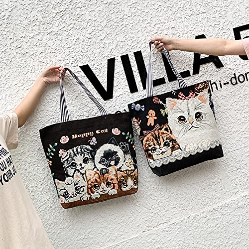 Image of Women's Canvas Cat Print Shoulder Bag - Cat Graphic Hobo Crossbody Handbag
