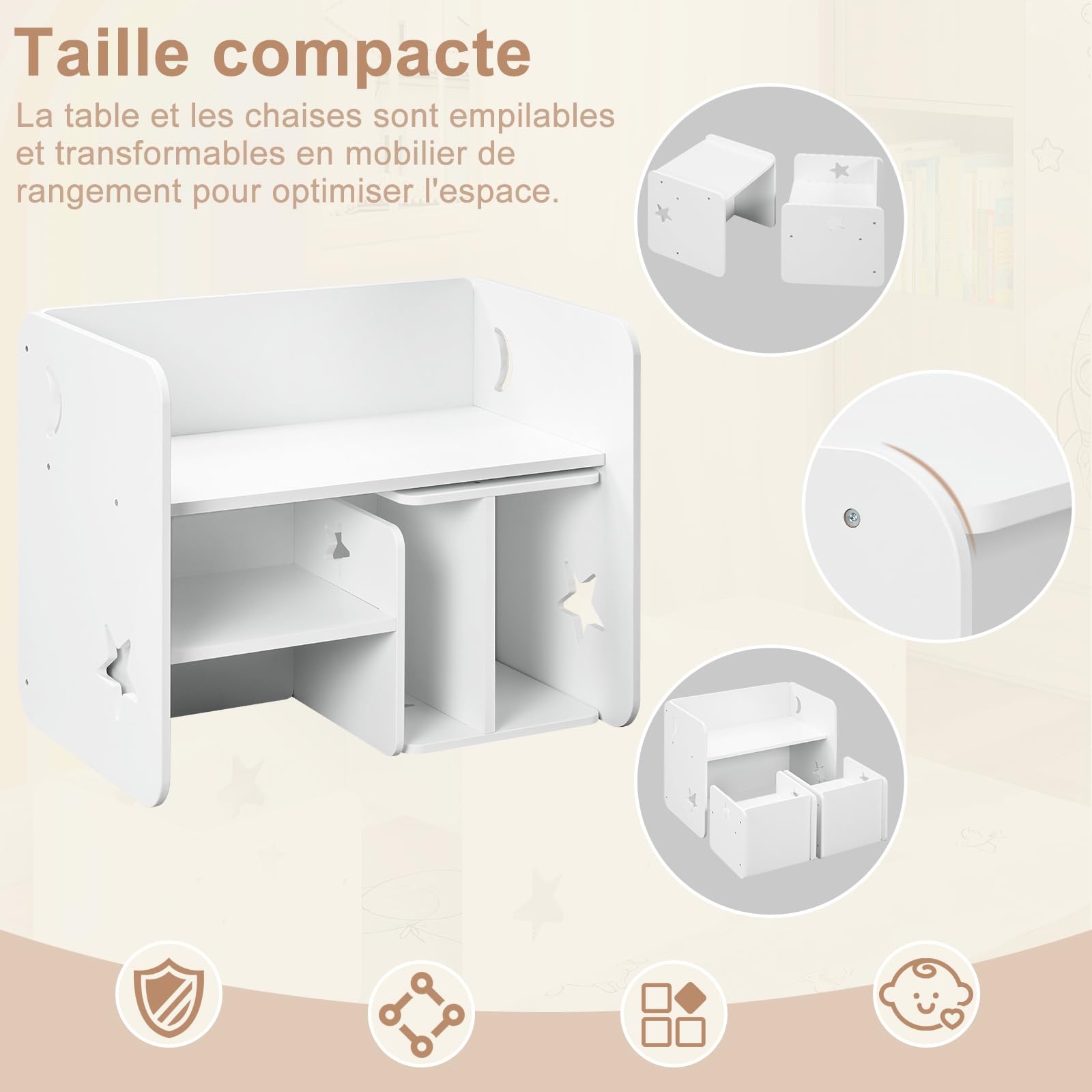 WOLTU Ensemble de Table et Chaises pour Enfant, Table Enfant avec 2 Chaises, pour Crèche, Jardin d'enfants, Salle à Manger, Blanc