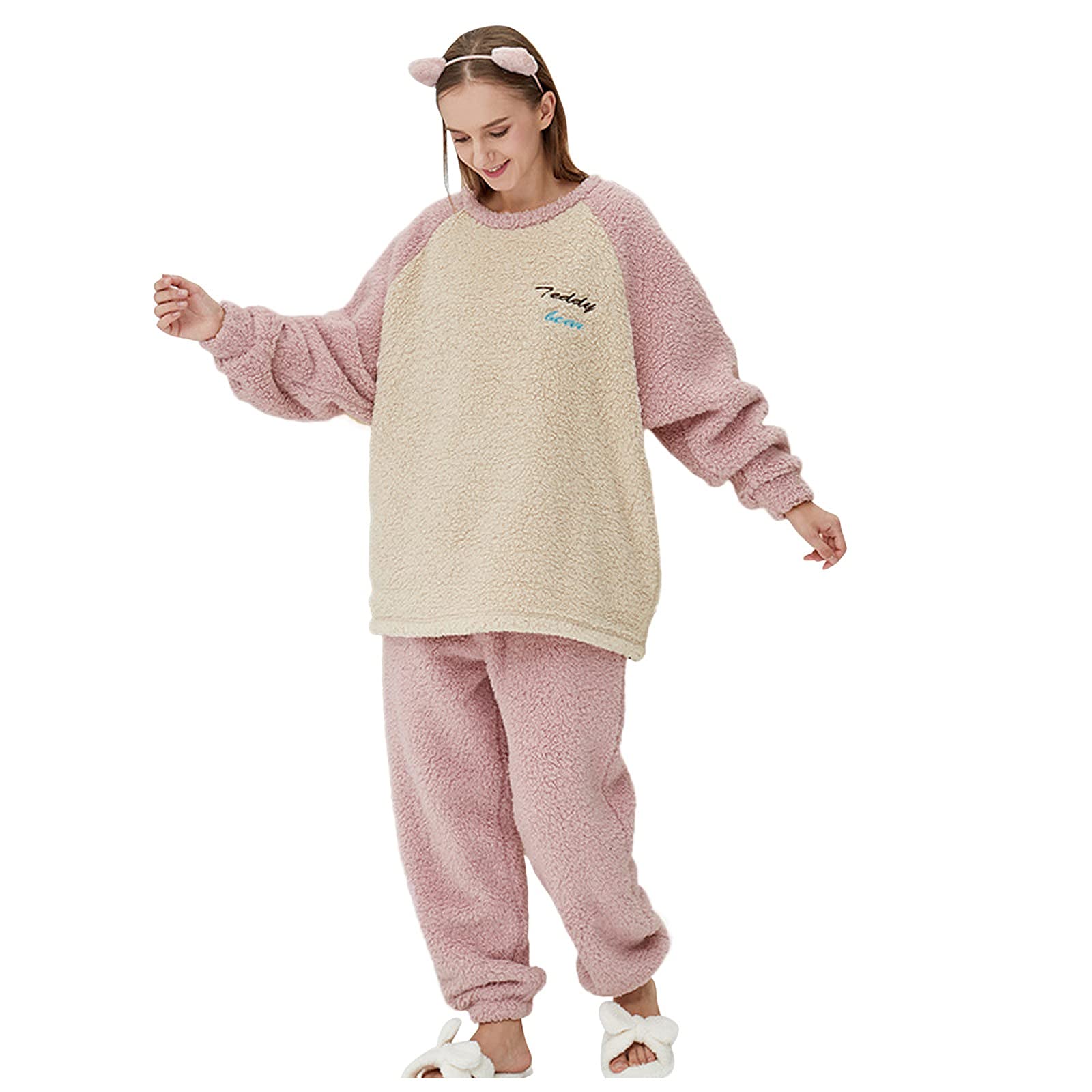 CMBSSTFC Warmer Flanell-Pyjama für Damen, kuschelig Warmer Damen-Pyjama, Winter-Pyjamahose + Langarm-Pullover, kuscheliger Anzug, Zweiteiliger Fleece-Pyjama, Flauschiger Hausanzug für Mädchen