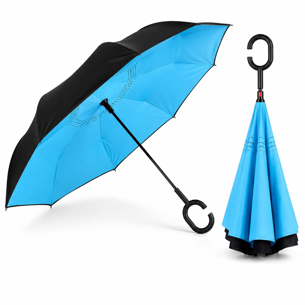 Reverse Folding Umbrella with C-Shaped Handle | Inverted Double Layer Windproof Umbrella | Self Standing Drip-Free Design | Waterproof Travel Umbrella for Men & Women | Blue & Black-image-21