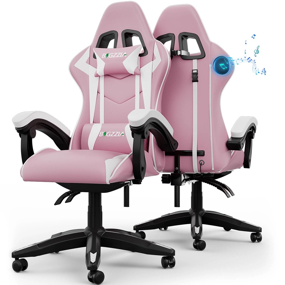 bigzzia Ergonomic Gaming Chair with Speakers - Gamer Chairs with Lumbar Cushion + Headrest, Height-Adjustable Office & Computer Chair for Adults (with Bluetooth Speaker, Pink)
