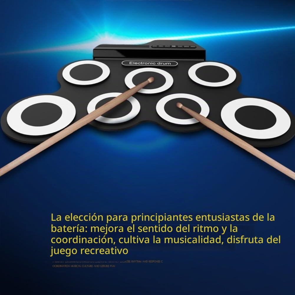 Batería electrónica para niños con construcción ligera, incluye dos pedales y baquetas para una experiencia de batería completa, portátil y fácil de transportar (negro)