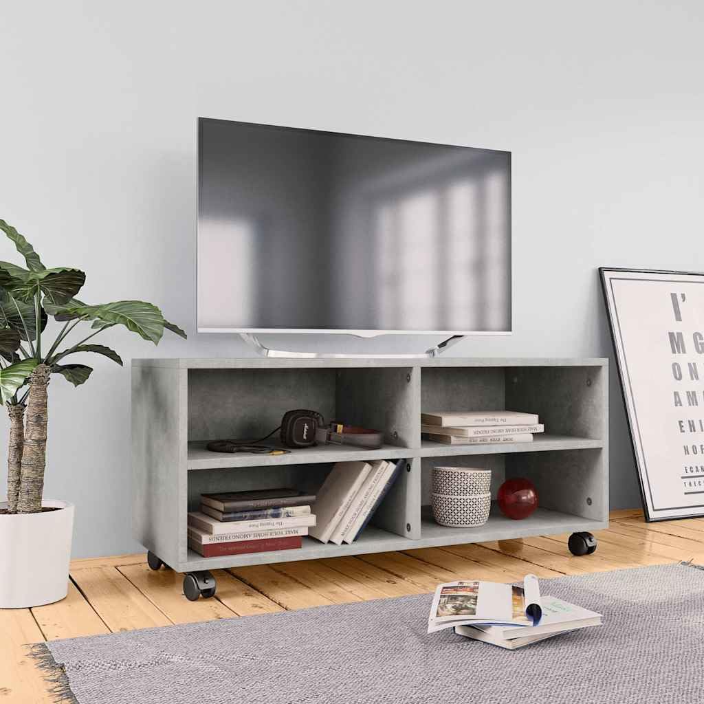 Mobile TV con ruote, grigio cemento, 90 x 35 x 35 cm, in legno, con 4 scomparti aperti, facilmente mobile, con spazio per soggiorno, home theater e camera da letto