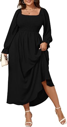 SHESTARR Womens Plus Size Maxi Dress Long Sleeve Square Neck Smocked Flowy A-Line Boho Wedding Party Maxi Dress