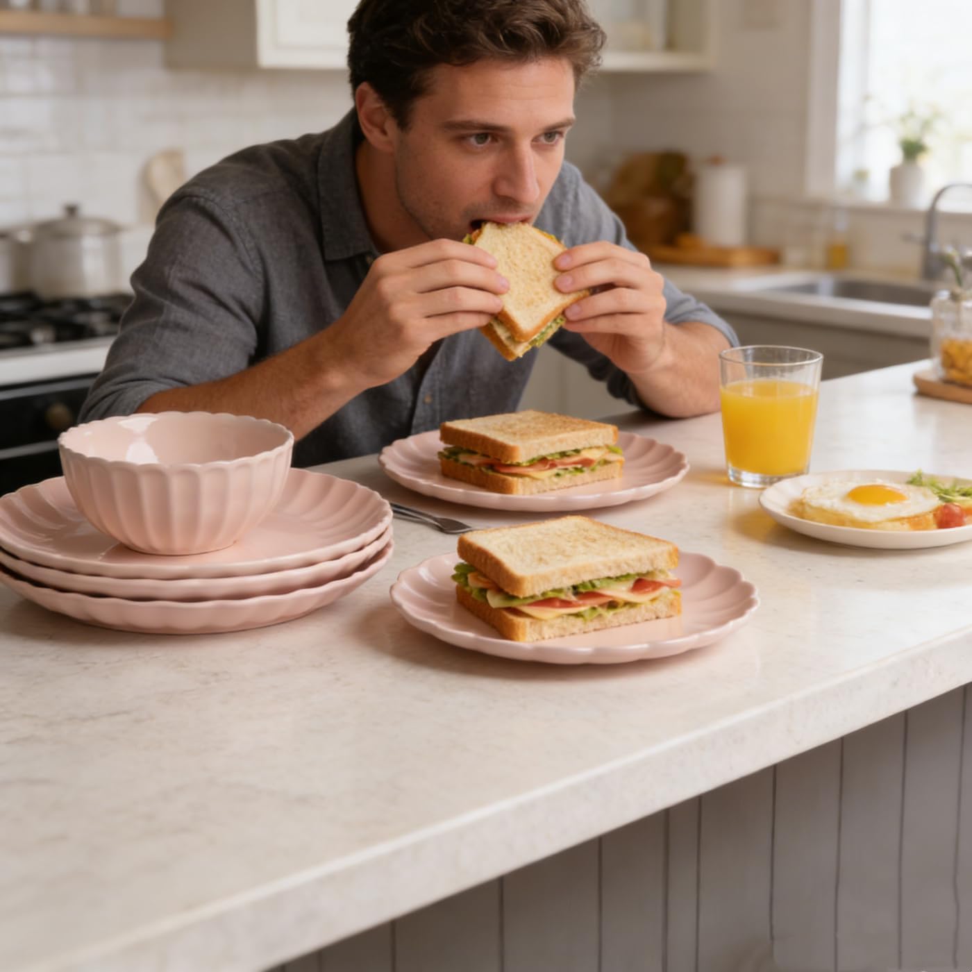 wocaxc16-Pieces Stoneware Dinnerware Set, Kitchen Dinnerware Ceramic Crockery Set, Dinner Service Set for 4, Include Dinner Plate, Dessert Plate, Cereal Bowl and Mug. (pink)