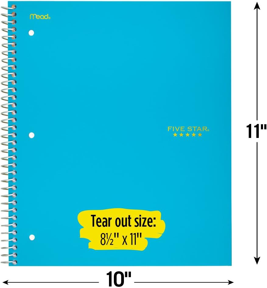 Five Star Spiral Notebooks, 5 Subject, College Ruled Paper, 200 Sheets, 11" x 8-1/2", Assorted Colors, 6 Pack (38061)