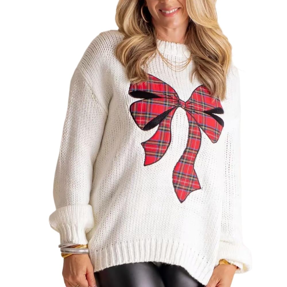 VIDI Autumn and Winter Christmas Loose Oversized Long Sleeved Knitted Sweater Street Retro Bow Round Neck Knitted Sweater