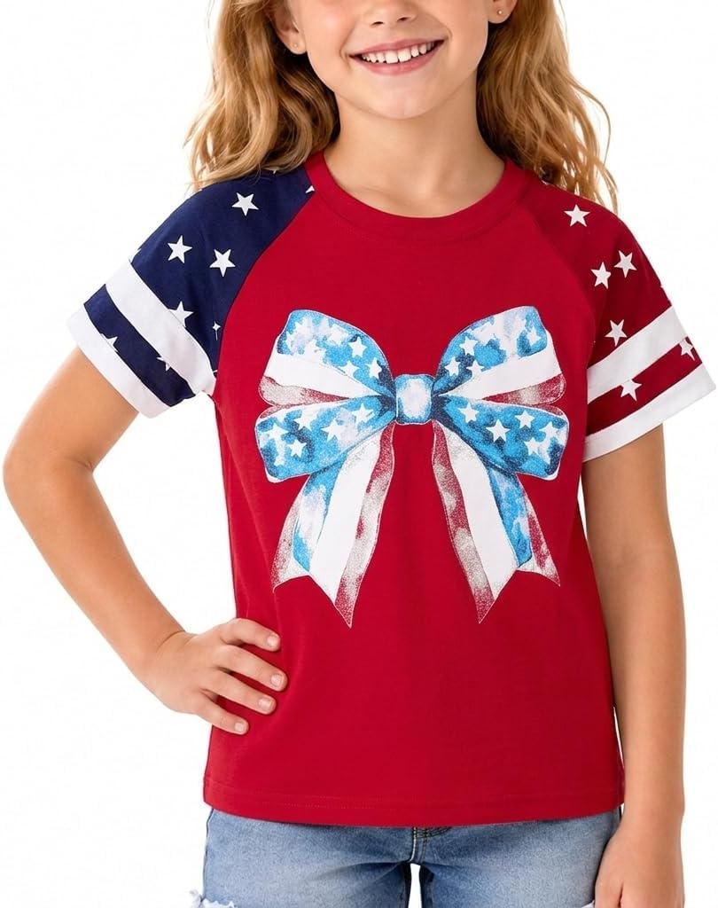 Girls 4th of July Shirts USA Shirt with Patriotic American Flag T-Shirt for Independence Day Outfit 4-12 Years