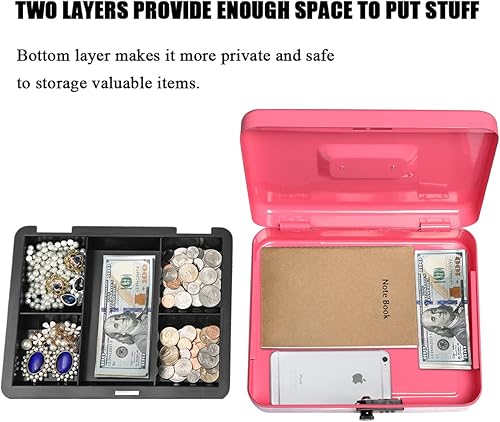 Miniatura 6 de Jssmst - Caja fuerte grande con cerradura de combinación, caja de metal duradera con bandeja de dinero, color rosa, 11.8 x 9.8 x 3.5 pulgadas,