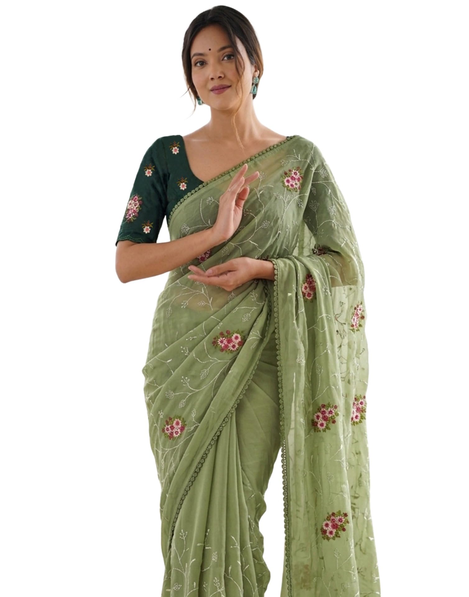 siril Women's Shimmer Georgette Embroidery Saree with Unstitched Blouse-picture-3