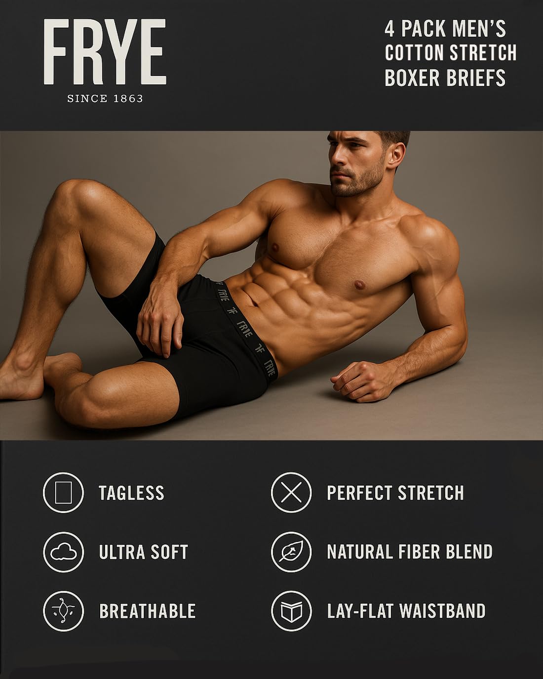 Frye Mens Stretch Boxer Briefs 4-Pack, Spandex-Cotton Boxer Briefs Pack of 4, Mens Underwear Stretch (Navy, Medium)