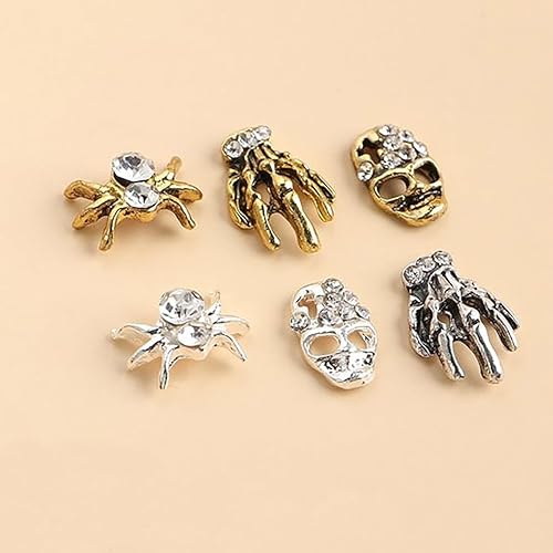 Miniatura 7 de 20 dijes de uñas de Halloween 3D dorado y plateado para uñas, diamantes de imitación góticos de calavera esqueleto, mano, araña, joyería de uñas,