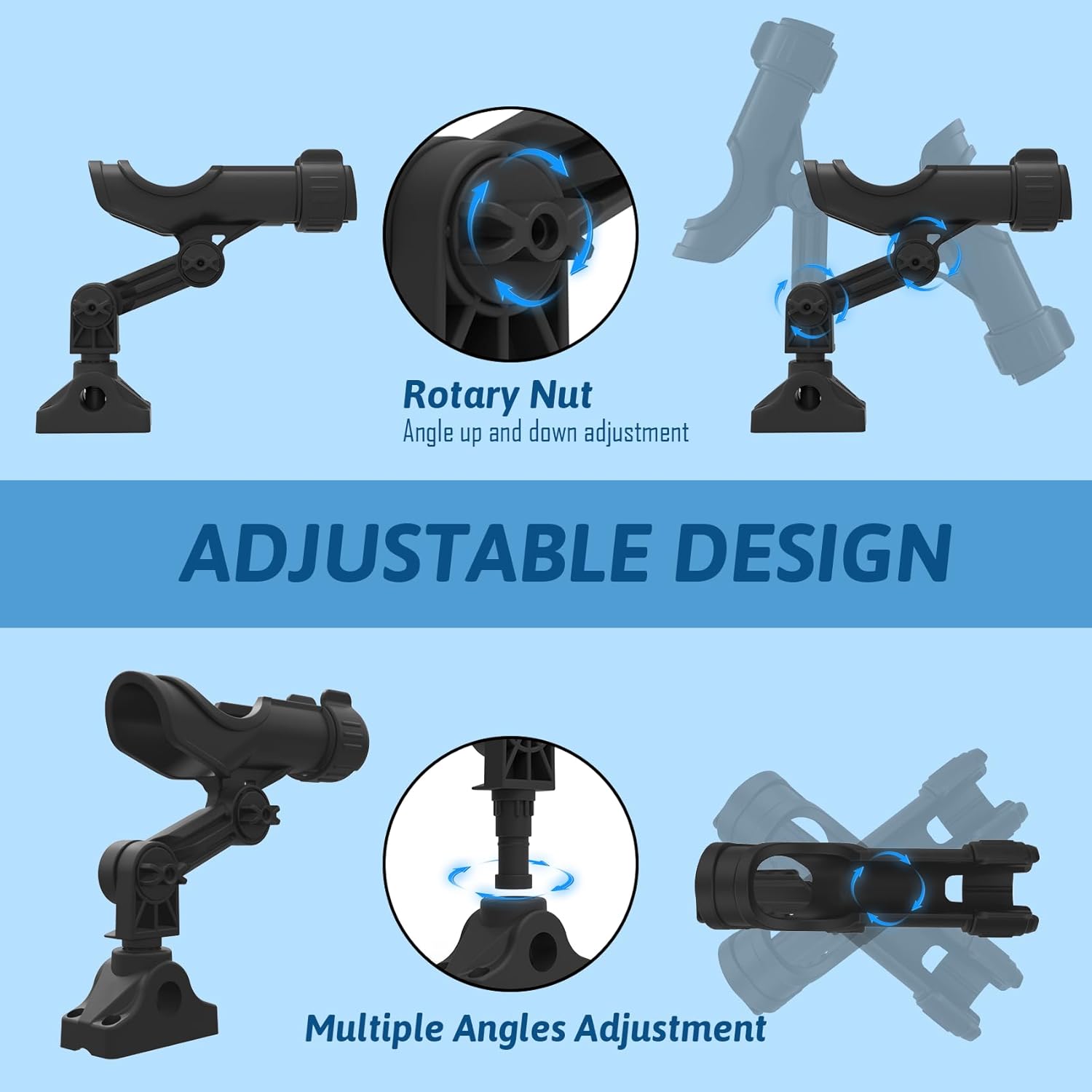 Fishing Rod Holder for Kayak & Boat with Side Deck Mount, 360 Degree Adjustable, Compatible with Spinning, Casting, Fly Reels