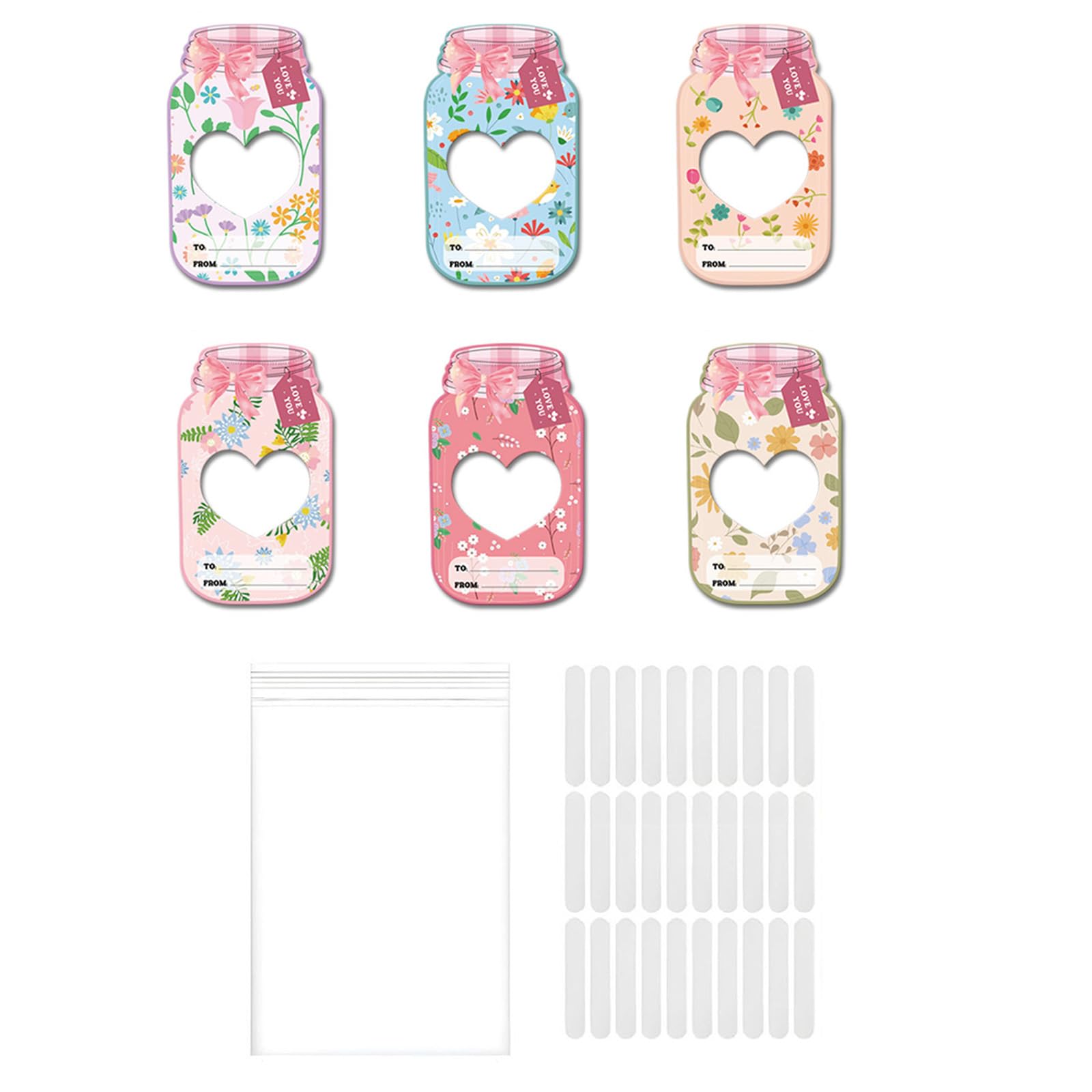 Nucelit 24/48Pcs Candy Jar Shape Valentines Cards with Clear Candy Wrapping Bag for Children Valentines Birthday Exchange Gift Exchange Card