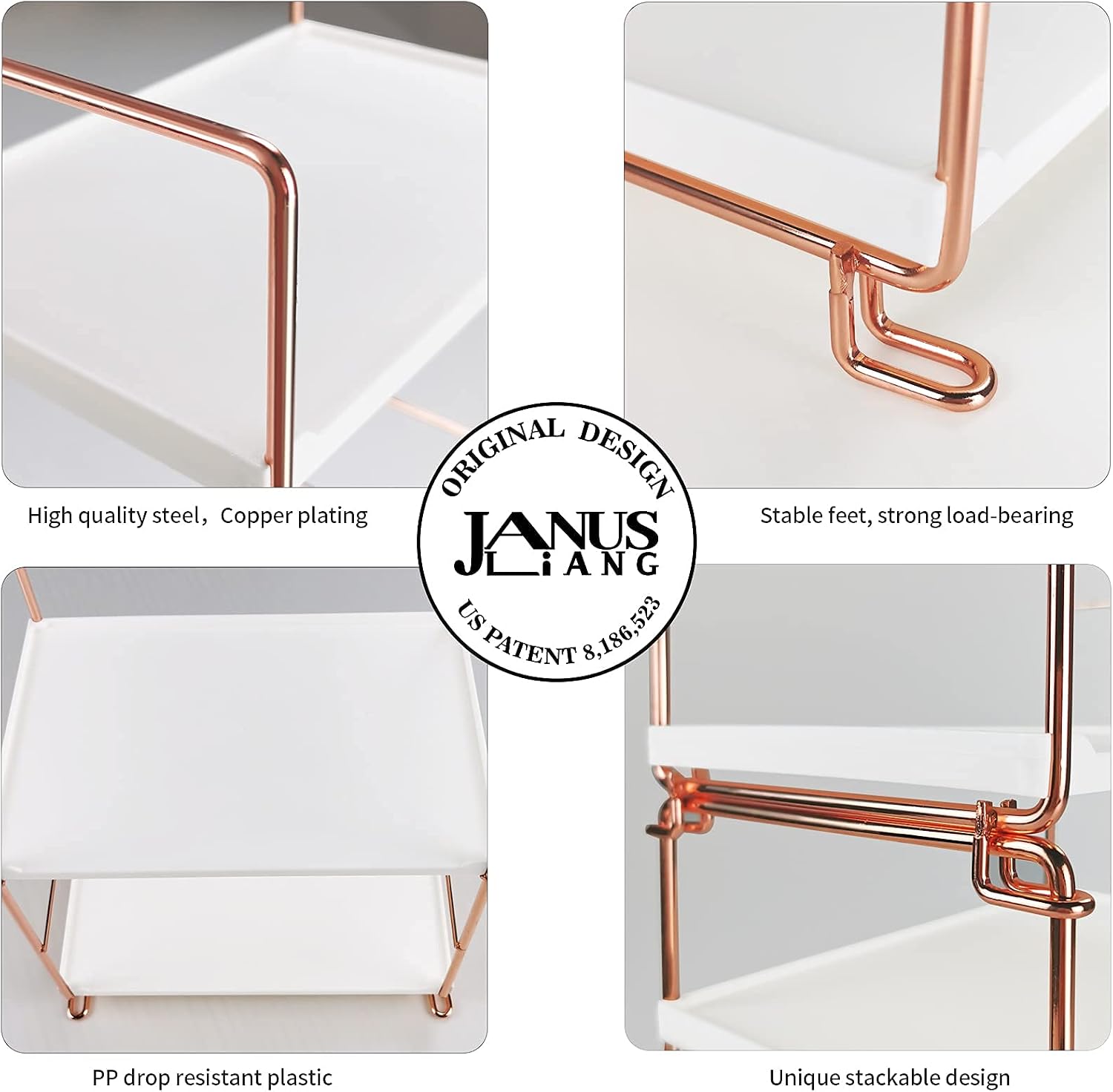 JANUS LiANG 2-Tier Candy Jar Countertop Organizer Makeup Storage Holder Vanity Tray Cosmetic Rack Stackable Kitchen Spice Rack Standing Storage Shelf, Easy to Assemble, Plastic/Metal Copper