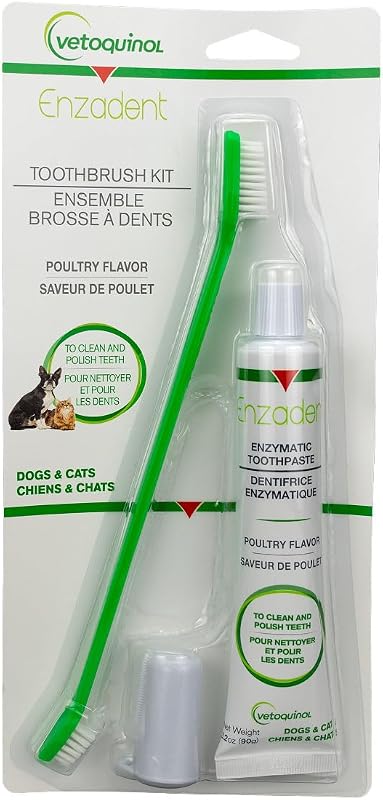 Kit de pasta de dientes enzimática Vetoquinol Enzadent + cepillo de dedos y cepillo de dientes de doble punta para gatos y perros – 3.2 oz, sabor a aves de corral – Kit de cuidado dental bucal: elimina la placa, pule los dientes y refresca el aliento
