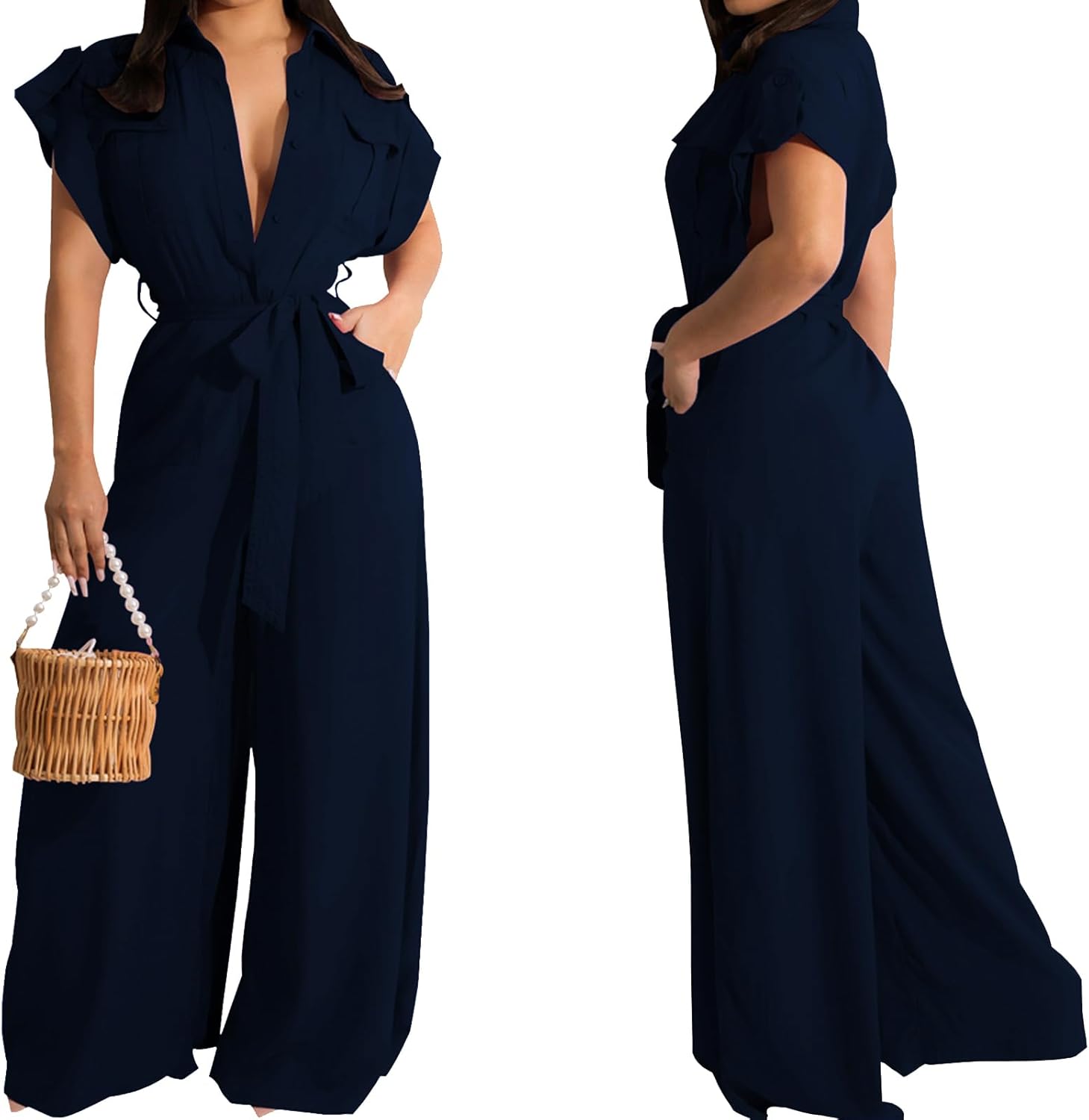 Women's Casual Long Sleeve Round Neck Jumpsuits Work Wide Leg Pants Club Party Loose Rompers