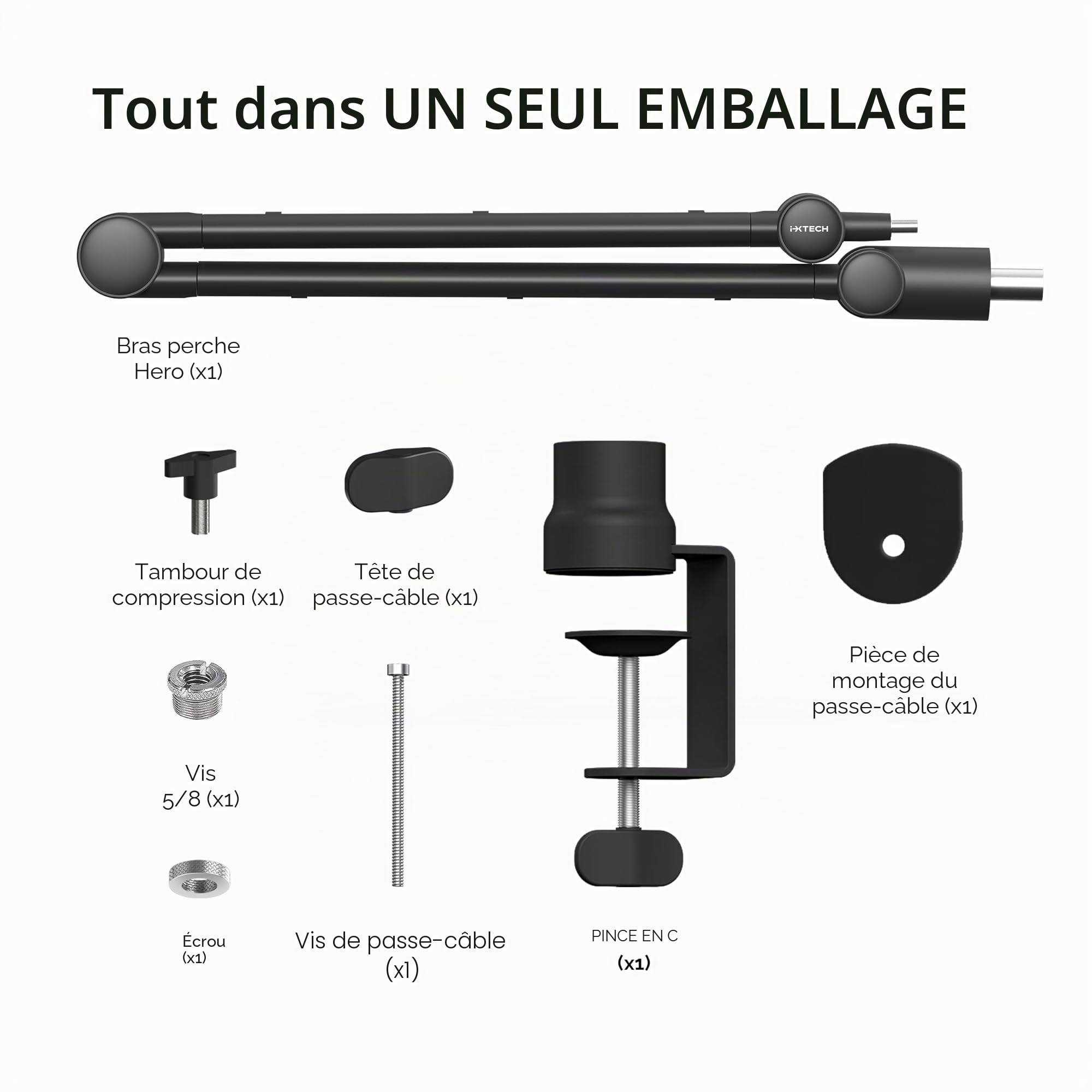 IXTECH Bras de micro avec support de bureau, rotatif à 360°, réglable et pliable, montage ciseaux pour podcast, jeux vidéo, radio et audio de studio, robuste et universel (HERO)