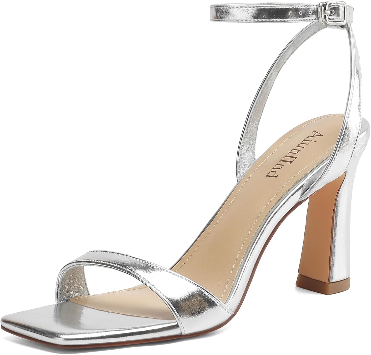 AIUNIIND Women's Square Open Toe Heeled Sandals Chunky High Heels Ankle Strap Sandals for Women Prom Wedding Heels Silver 10