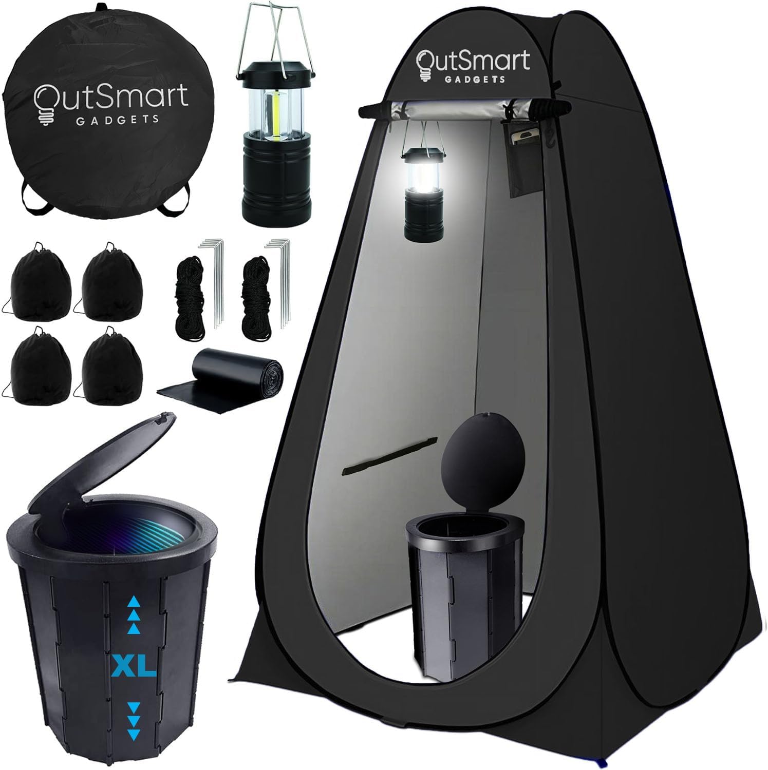Outdoor Portable Toilet Set for Adults with Camping Night Lantern, Folding XL Toilet, Pop Up Privacy Tent and Carry Bags, Multipurpose Potty, Washable and Foldable for RV Travel Black