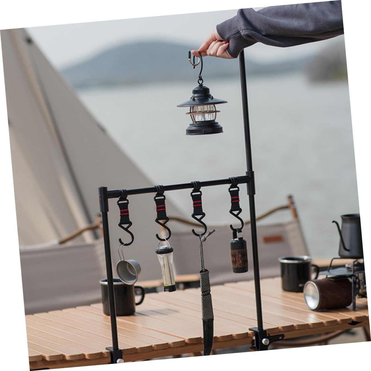 Outdoor Camping Light Stand Table Board Aluminum Alloy Folding Storage Rack Multifunctional Desktop Hanger for Picnic and Camping Accessories