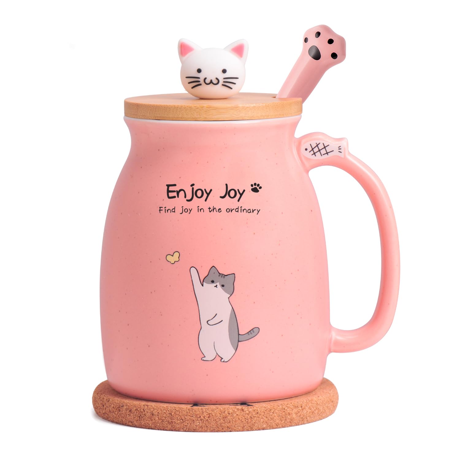 Feify Cute Cat Cup Ceramic Coffee Mug with Kawaii Cat Wooden Lid Lovely Stainless Steel Spoon Anime Kitty