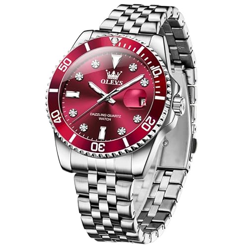 OLEVS Men's Watches Red Face Rotating Bezel Analog Quartz Men's Wrist Watch Big Dial Silver Stainless Steel Dress Watches for Men Luxury Diamond Luminous Waterproof with Date Watch Mens OLEVS Men's Watches Red Face Rotating Bezel Analog Quartz Men's Wrist Watch Big Dial Silver Stainless Steel Dress Watches for Men Luxury Diamond Luminous Waterproof with Date Watch Mens