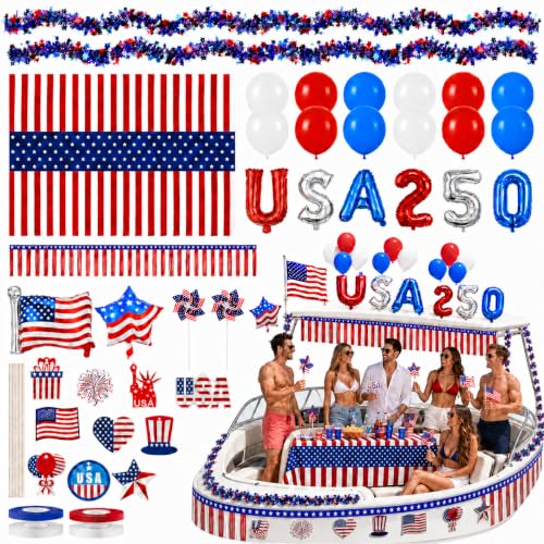 Cinrobiye 32 PCS 4th of July Boat Parade Decoration Kit Patriotic Independence Day Yacht Decorations 250th Anniversary Boat Float Supplies with Banner Balloons Ribbons Fringe for 250 Years Party Decor