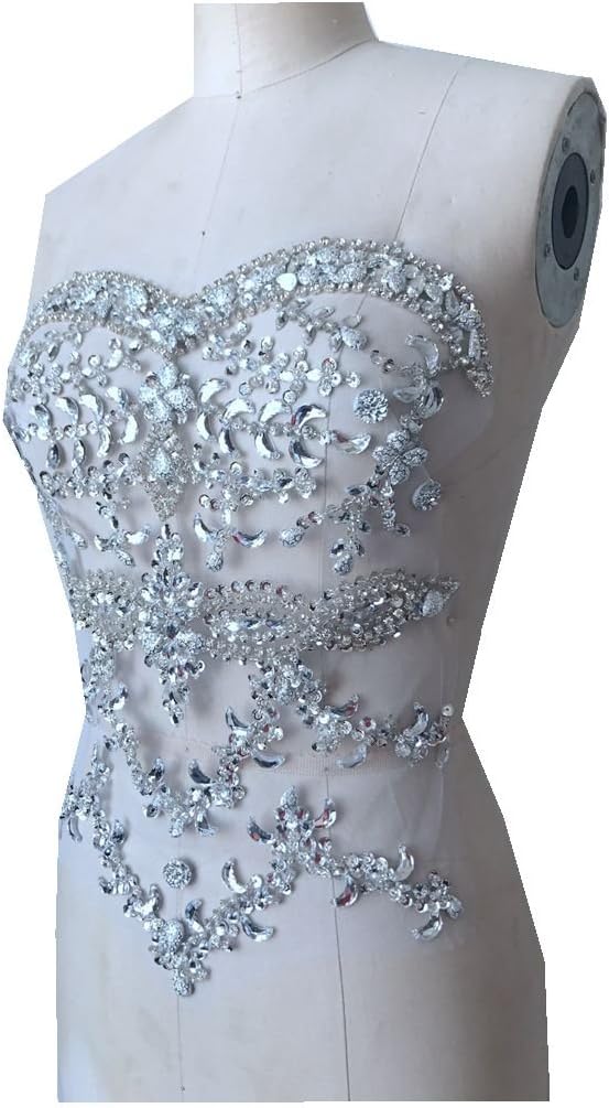 Handmade Silver Crystal Patches sew on Rhinestones Applique on mesh with Stones Sequins Beads 40x32cm