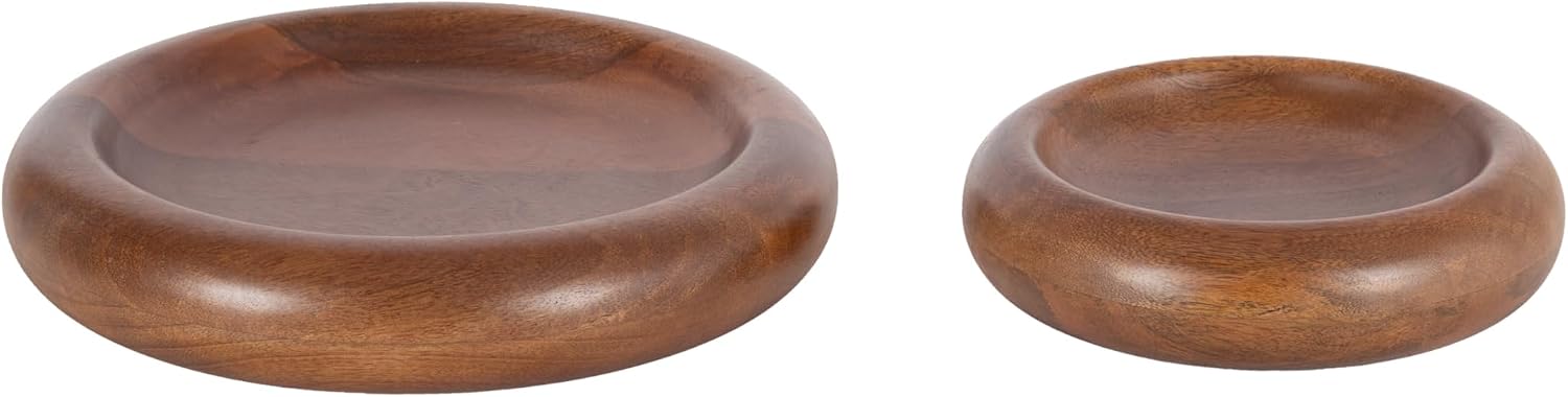 Kate and Laurel Plumt Mid-Century Round Solid Mango Wood Trays, Set of 2, Walnut Brown, Food-Safe Nesting Serving Trays for Kitchen Counter or Use as Entryway Decor Set or Centerpiece Table Decor