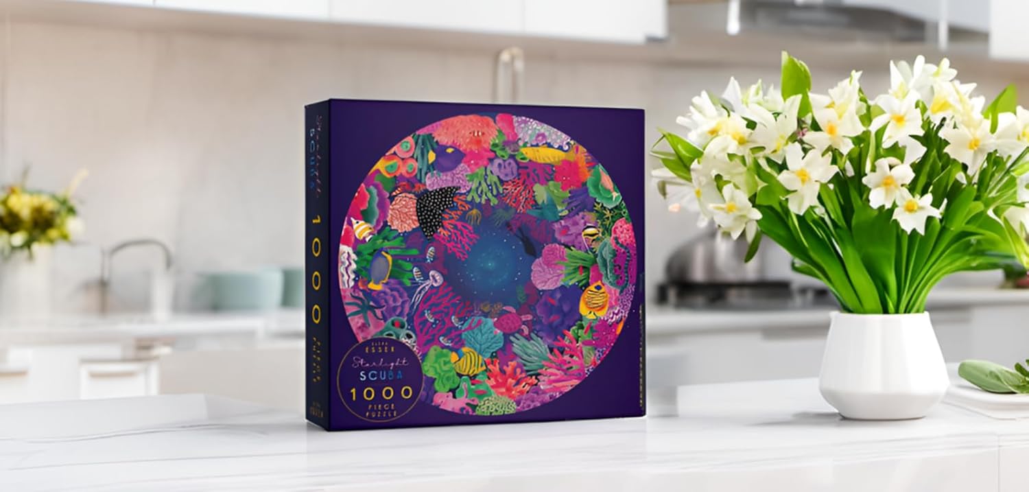 Elena Essex Round Puzzles for Adults 1000 Pieces - Starlight Scuba | 1000 Piece Puzzles for Adults | Jigsaw Puzzles | Colourful Coral Reef Ocean Sea Puzzle | 26.5 inches Diameter