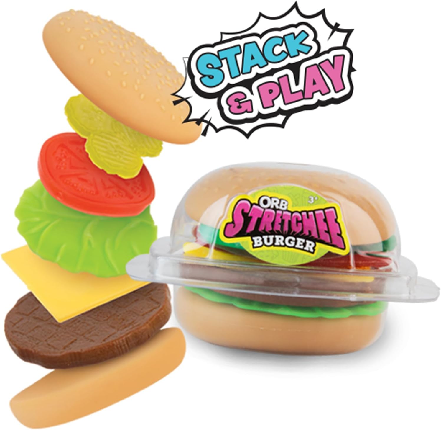 ORB Stretchee Foodz - Secret Menu 3 Pack - Mix and Match, Stretch, and Even Squeeze This Hamburger and Sandwich Trio for Stress Relief - Original Sensory/Fidget Play Food Toys for Kids and Adults