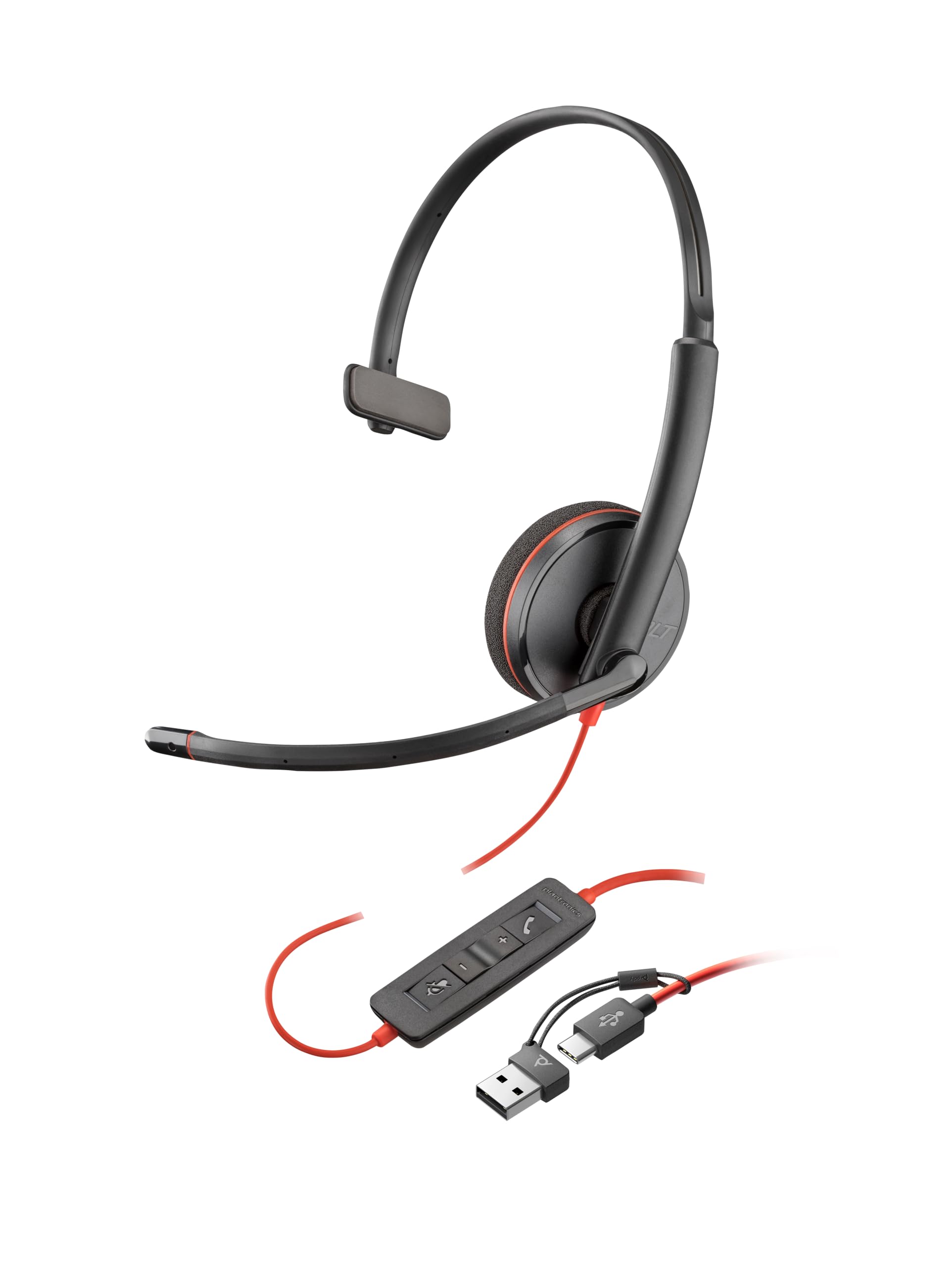 Schnurgebundenes USB-C-Headset Poly Blackwire 3210 – Noise Cancelling-Mikrofon – Ein-Ohr-Design – Verbindung mit PC/Mac über USB-C oder USB-A – Kompatibel mit Teams, Zoom