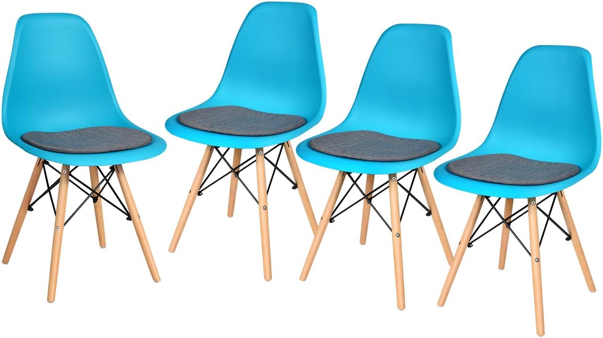 Giantex Dining DSW Chairs with Linen Cushion, Modern Mid Century Shell Chairs w/Wood Legs, Removable Fabric Upholstered Seat, Armless Side Chairs for Dining Room Living Room Kitchen (4, Blue)