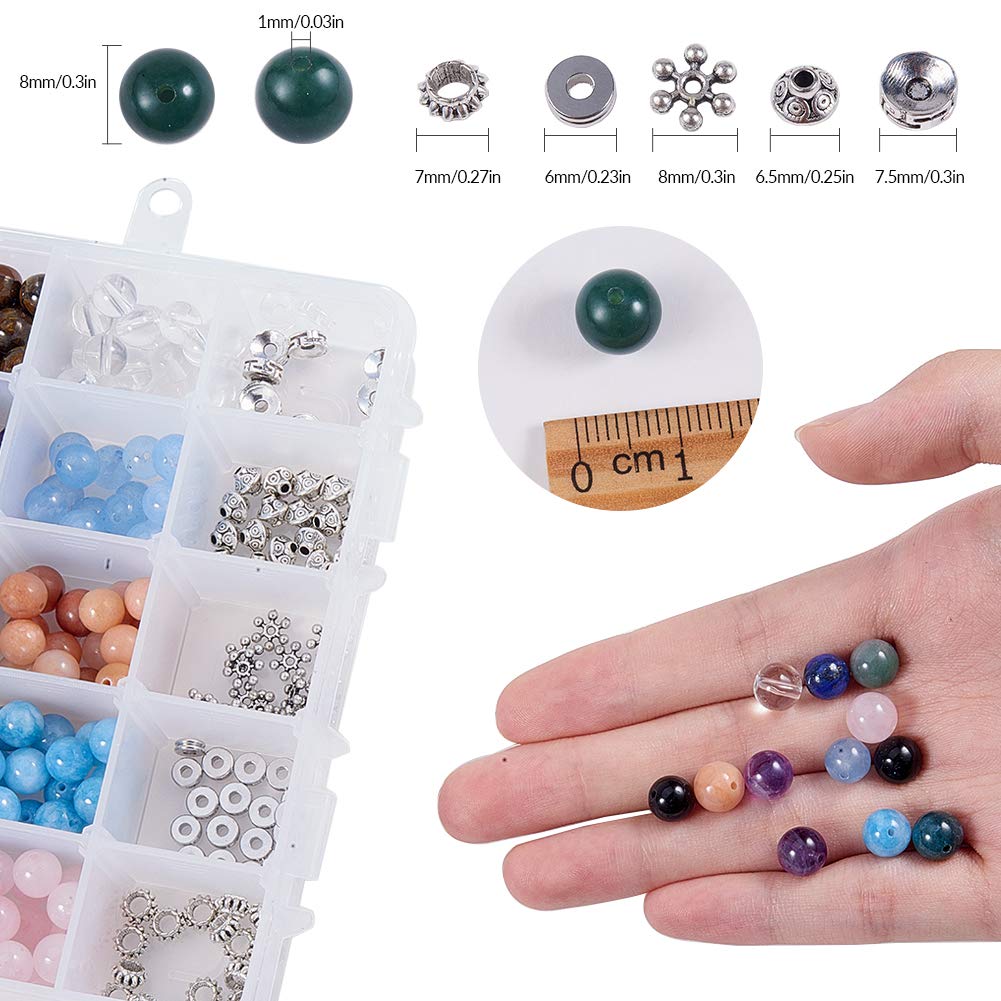 SUNNYCLUE 1 Caja 300pcs Kit de Fabricación de Pulseras de Cuentas de Piedra Natural Incluyen Cuentas Sueltas de Piedras Preciosas Redondas Y Cuentas Espaciadoras de Aleación de Metal E Hilo Y Tijeras