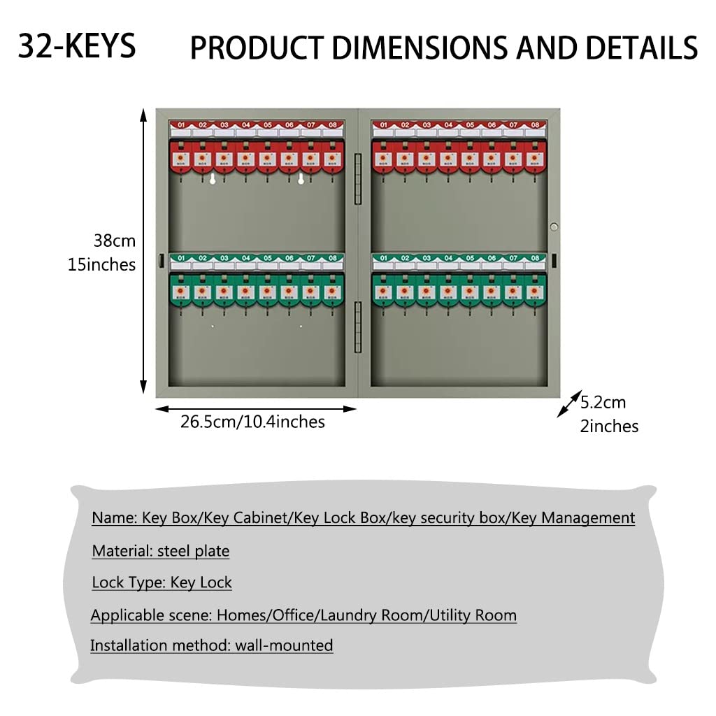 Armoire à clés murale pour 32 clés. Boîte à clés en acier peint durable avec étiquettes colorées. Solution de rangement sécurisée pour ranger les clés 24/48/72/96/120 clés