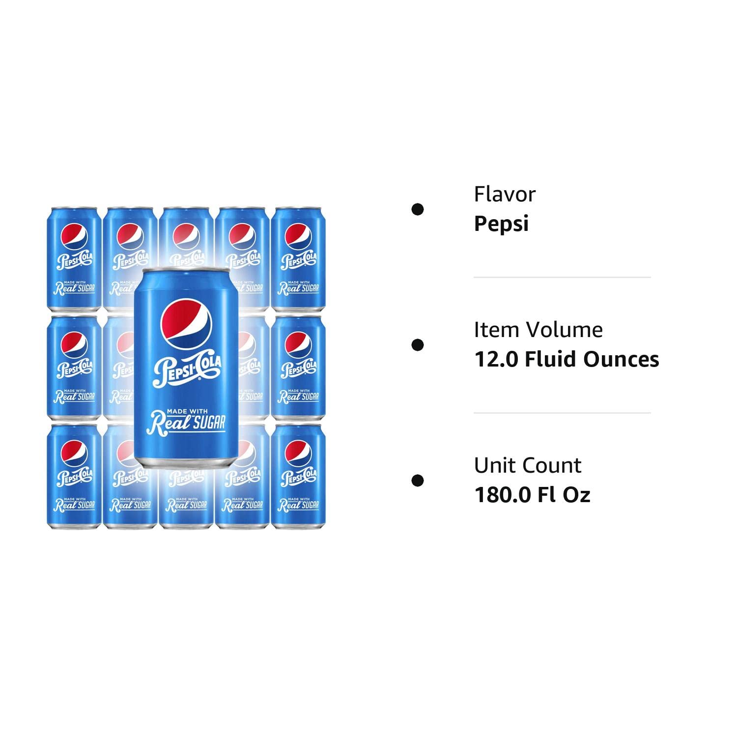 Pepsi Soda With Real Sugar, 12 Fl Oz Can (Pack of 15, Total of 180 Oz)
