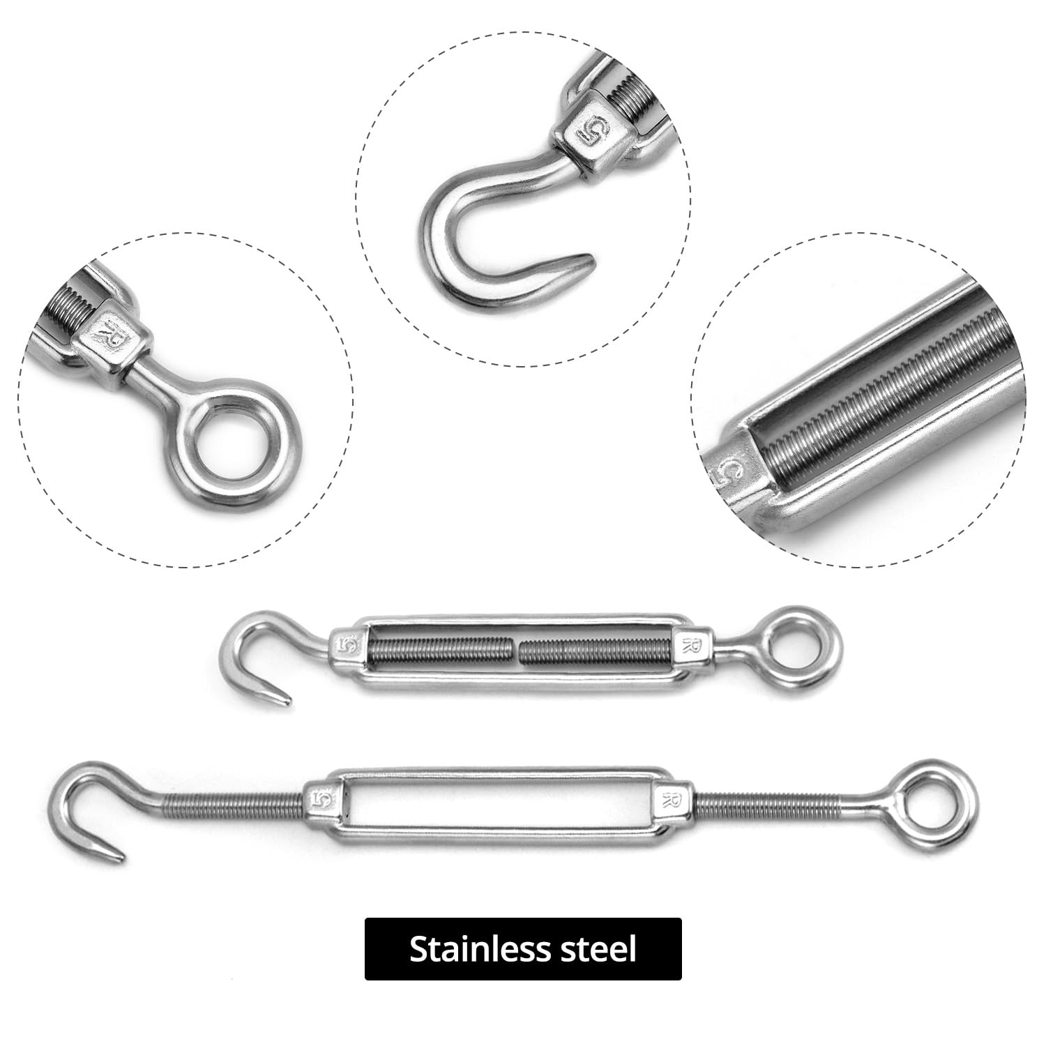 QWORK® Lina druciana 3 mm, zestaw lin stalowych 304, stalowa lina 20 m z napinaczem liny obrotowej M5, do zawieszania świateł zewnętrznych, ogrodzeń, sznurków do bielizny