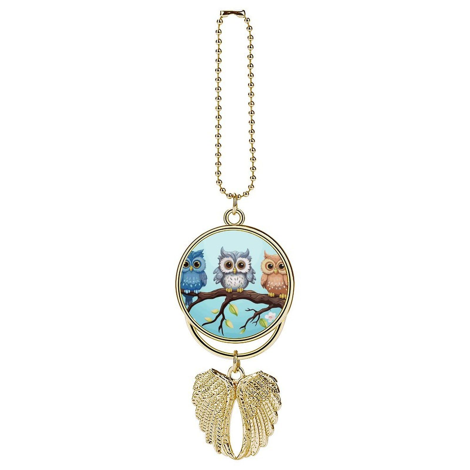 Owls on A Branch Car Charm, Alloy Rear View Mirror Pendant, Bling Funny Car Hanging Ornament Gift for Women Men, Car Pendant Lucky Auto Interior Decoration Accessories Golden-Style