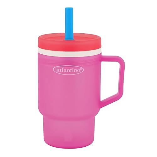 Infantino My 1st Tumbler, vaso de plástico duradero con popote y asa, resistente a derrames, para bebé, transición sin BPA, crema de frambuesa