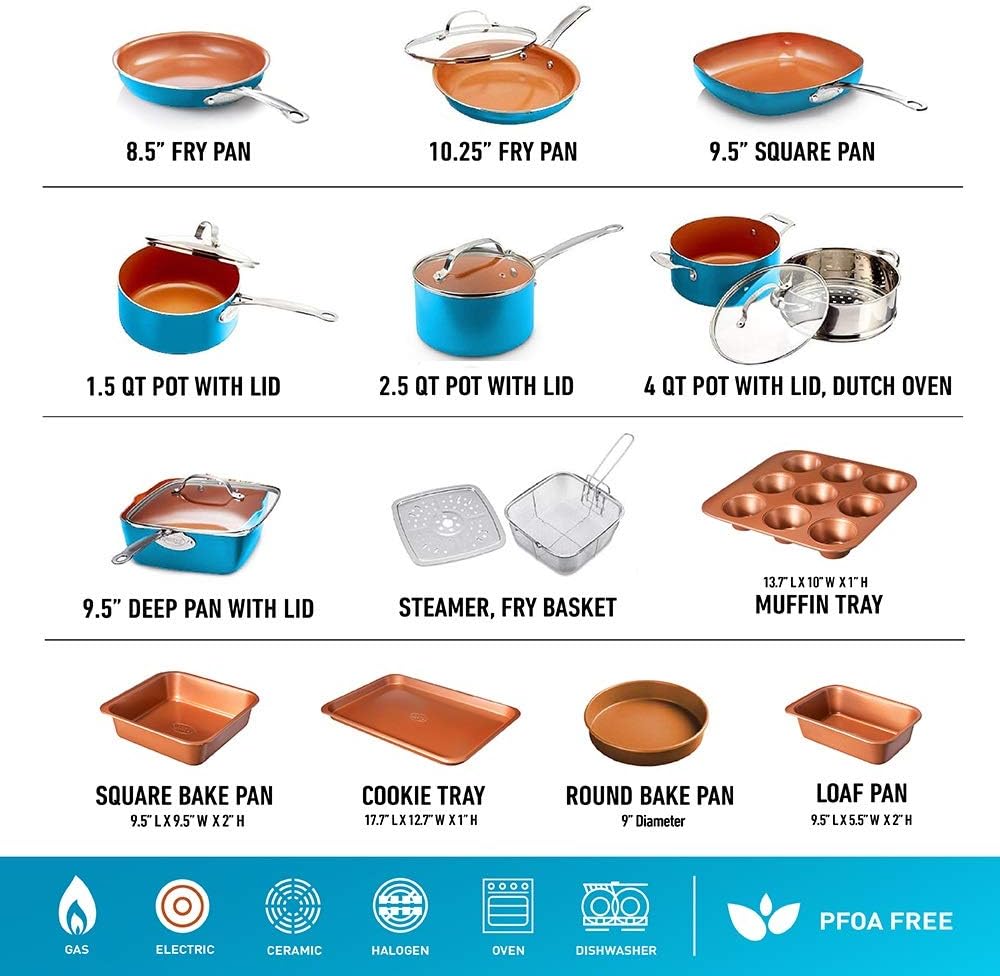 Onе-Dау Sаlе: Uр tо 40% оƒƒ Gotham Steel Cookware + Bakeware Set with Nonstick Durable Ceramic Copper Coating – Includes Skillets, Stock Pots, Deep Square Fry Basket, Cookie Sheet and Baking Pans, 20 Piece, Turquoise