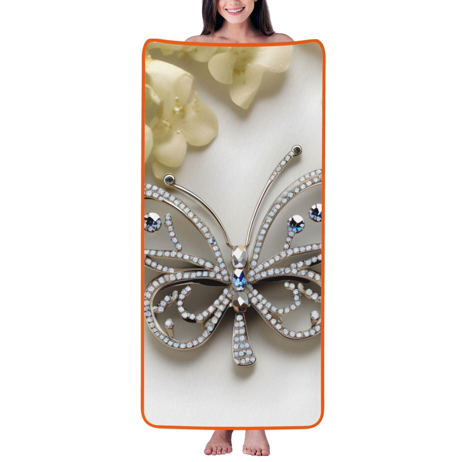 Ztpowqa Women's Orange Rhinestone Butterfly And Flower Print Coral Velvet Bath Towel For Home Gym Lounging Bathroom Spa Hotel Beach Travel
