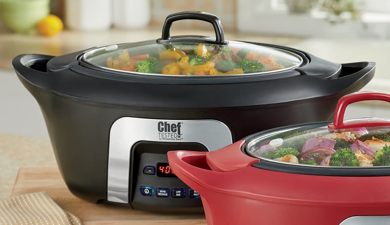 Montgomery Ward Chef Tested 6-Qt. Slow Cooker pot on a gas stovetop with food inside