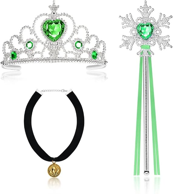 Vicloon Elsa Princess Tiara, Tiara Crown and Fairy Wand Elsa Dress Up Accessories Set for Party, Cosplay (Green)